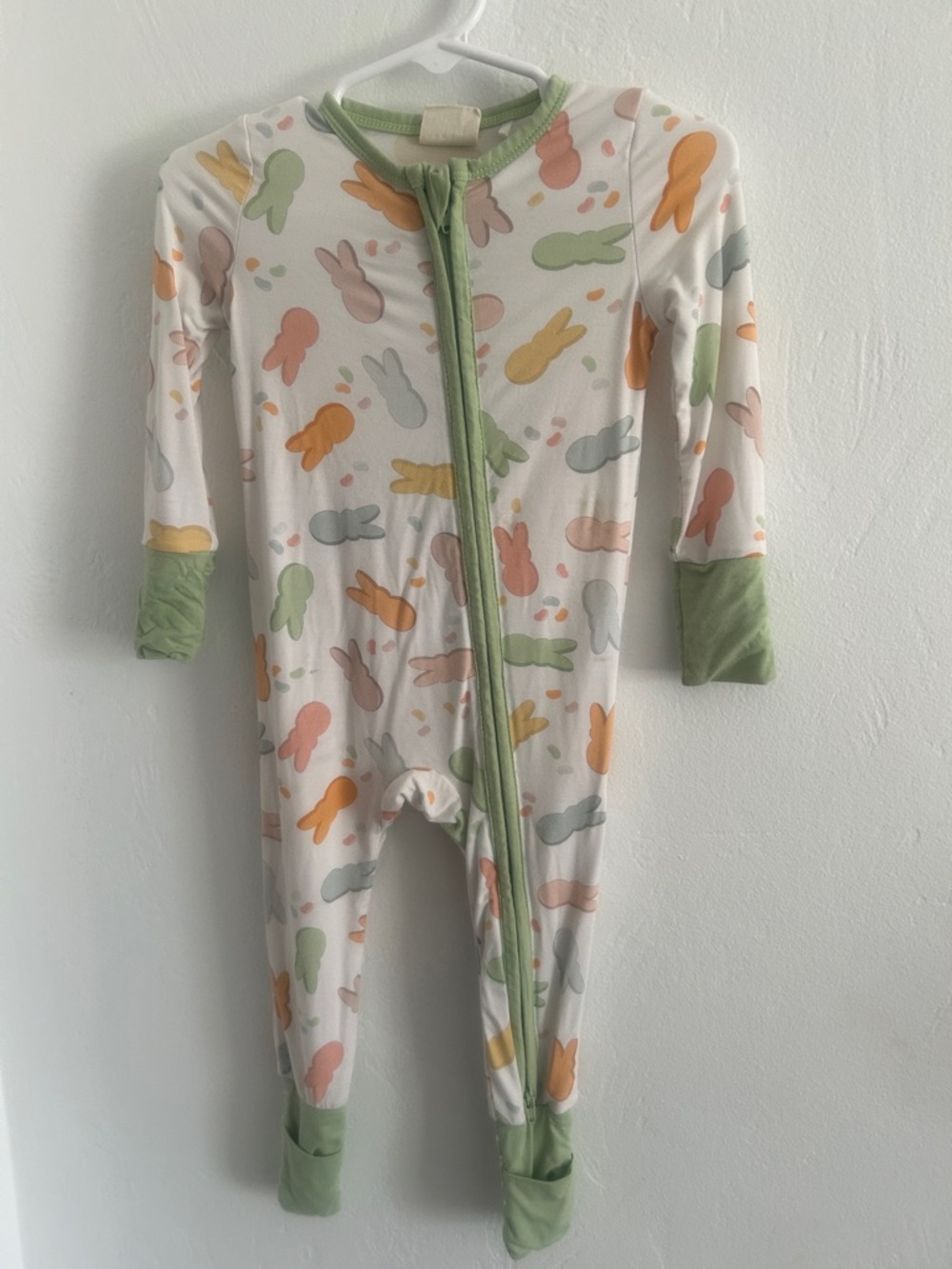 Toddler Zip-Front Footed One-Piece in Pastel Bunny Print with Green Trim